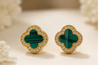 Luxury Clover Green Enamel Stud with CZ Stone Halo