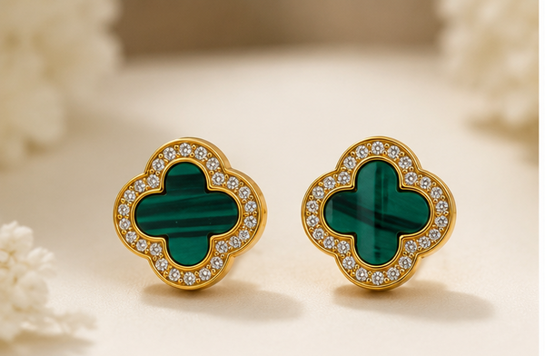 Luxury Clover Green Enamel Stud with CZ Stone Halo