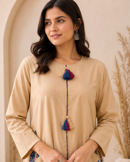 Premium Cotton Cord Set – Beige with Navy Blue Hand Block-Inspired Printed Detailing