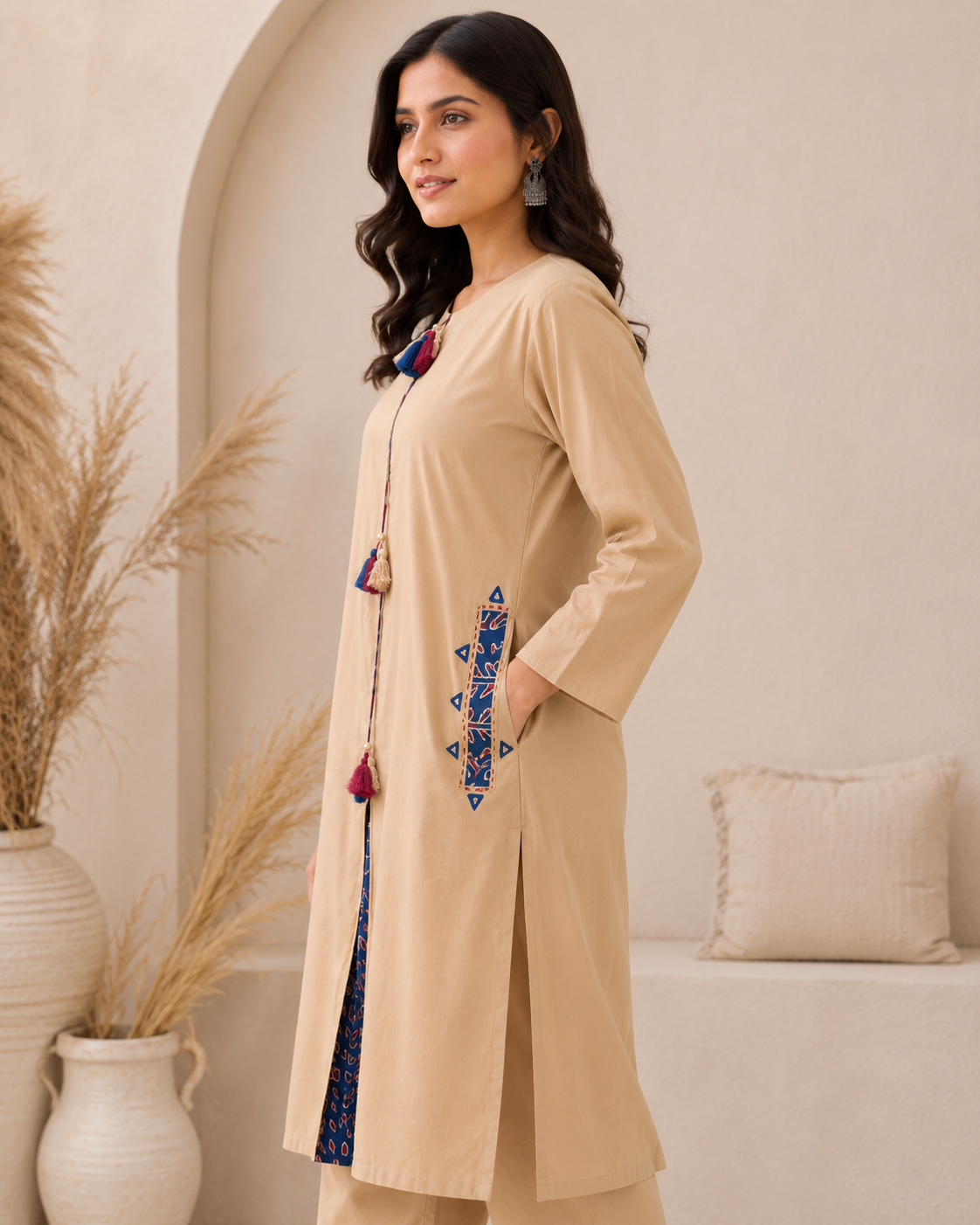 Premium Cotton Cord Set – Beige with Navy Blue Hand Block-Inspired Printed Detailing