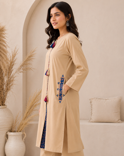Premium Cotton Cord Set – Beige with Navy Blue Hand Block-Inspired Printed Detailing