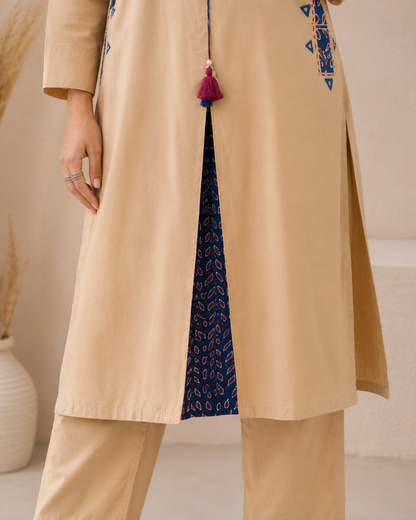 Premium Cotton Cord Set – Beige with Navy Blue Hand Block-Inspired Printed Detailing