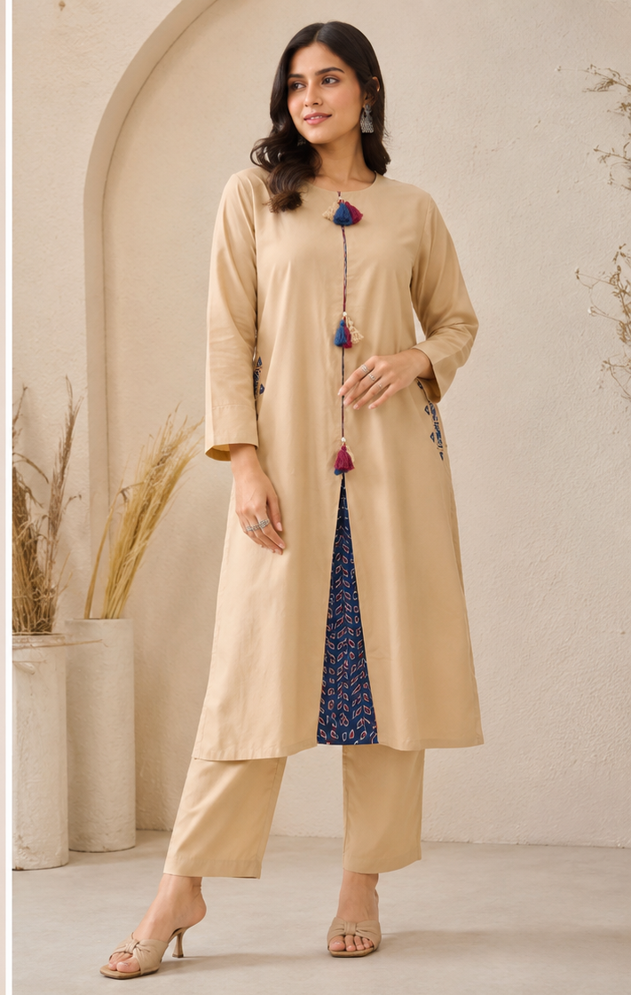 Premium Cotton Cord Set – Beige with Navy Blue Hand Block-Inspired Printed Detailing