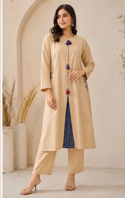 Premium Cotton Cord Set – Beige with Navy Blue Hand Block-Inspired Printed Detailing