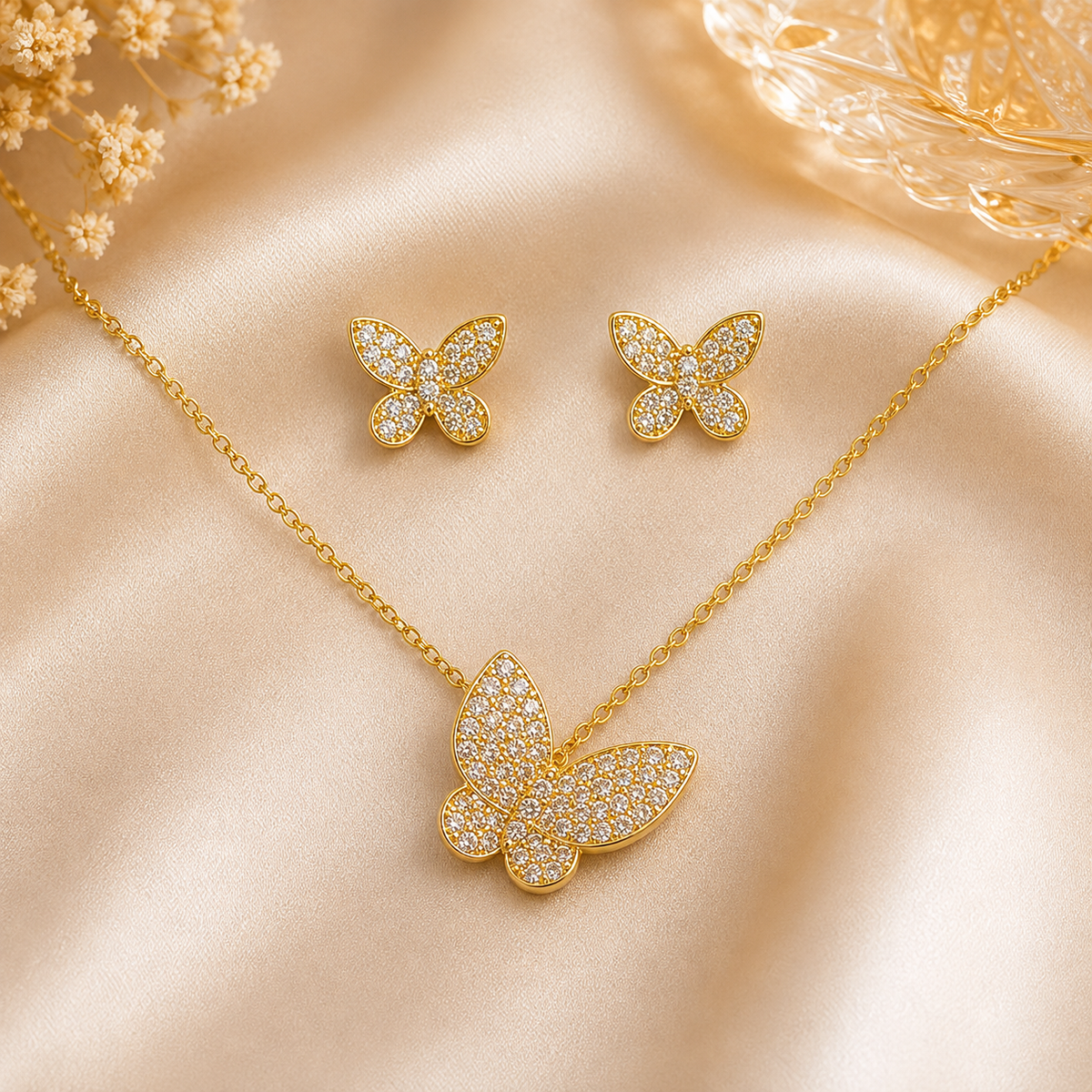 Gold Butterfly Pendant Set with Chain