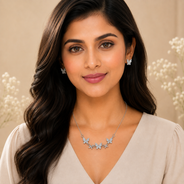 Silver Butterfly Necklace Set with Chain