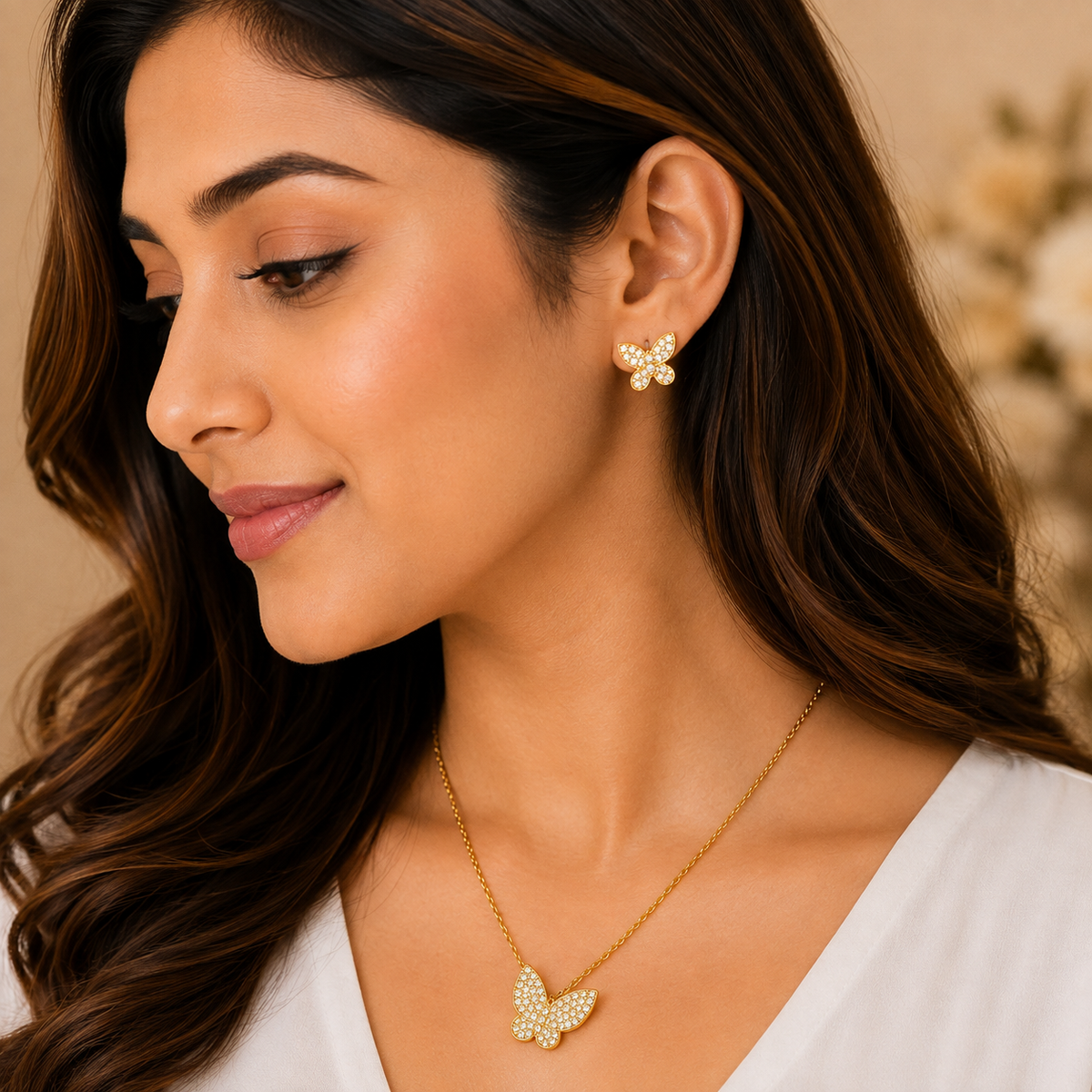 Gold Butterfly Pendant Set with Chain