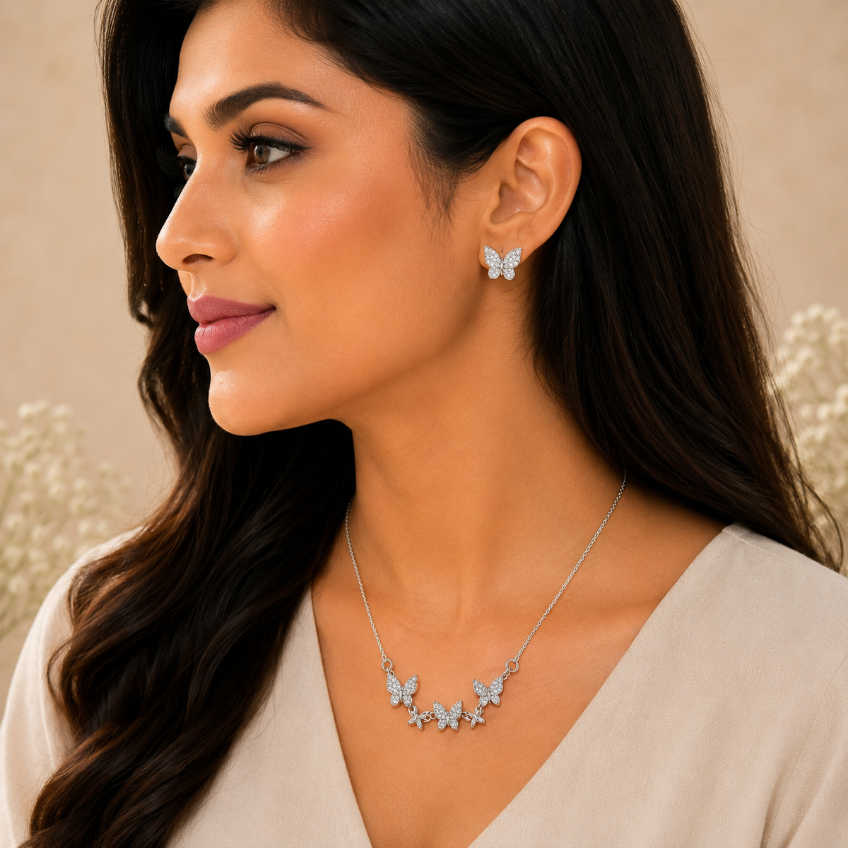 Silver Butterfly Necklace Set with Chain