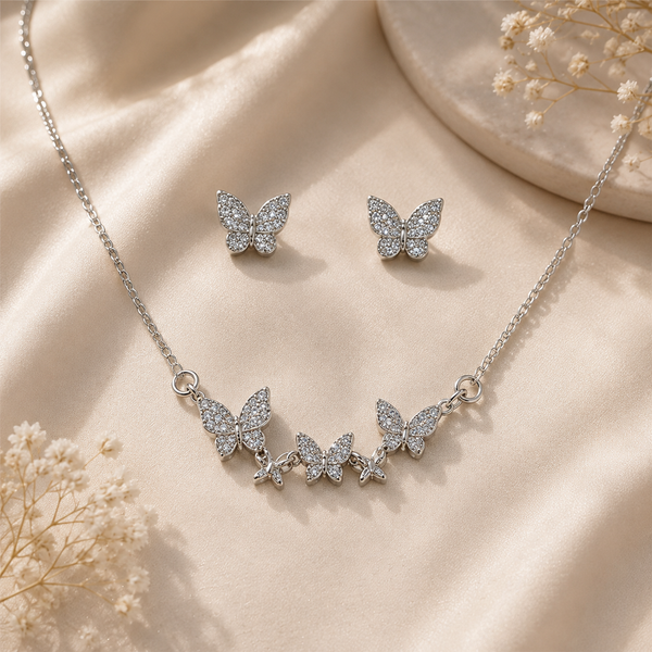 Silver Butterfly Necklace Set with Chain