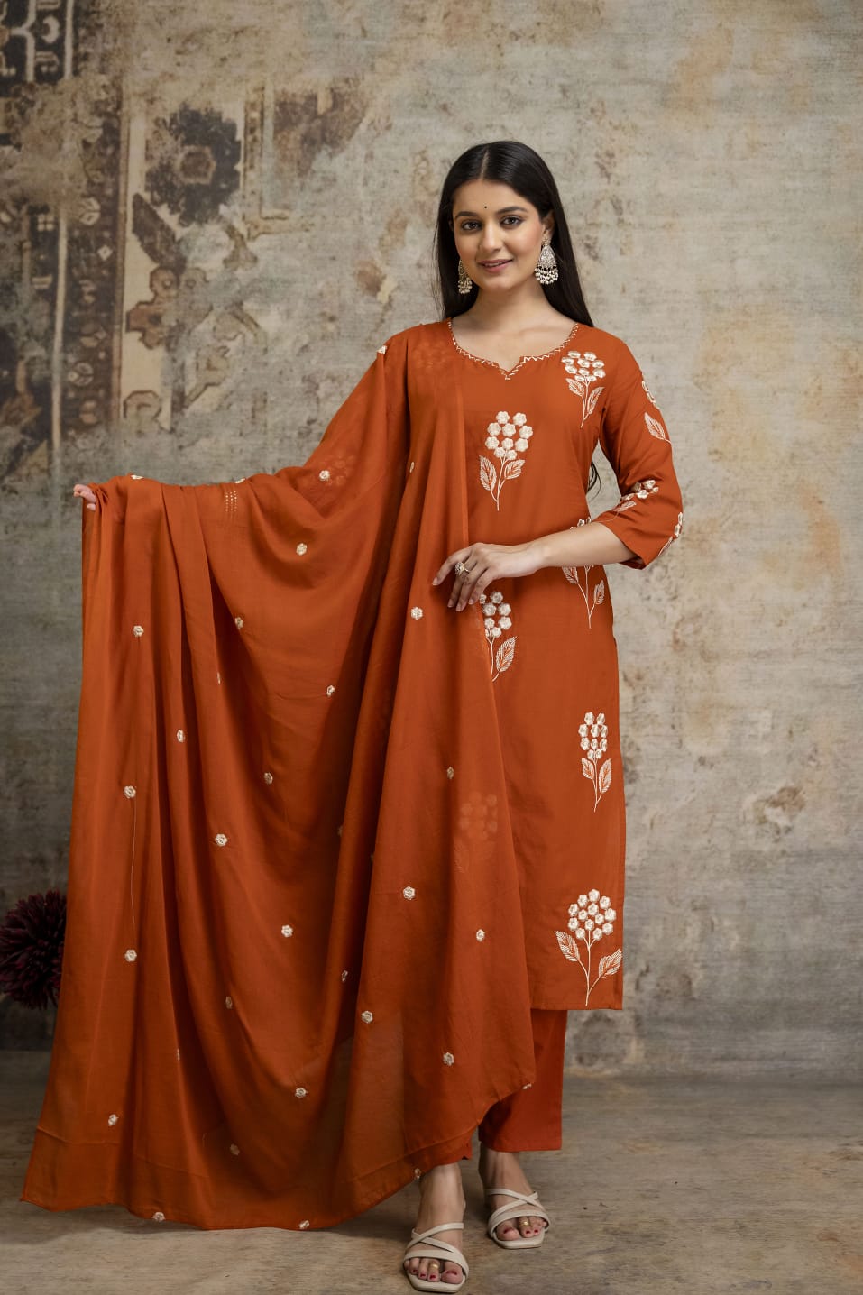 Rust Orange Embroidered Suit Set with Dupatta