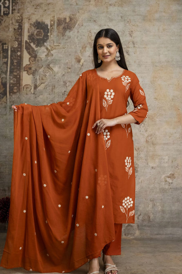 Rust Orange Embroidered Suit Set with Dupatta