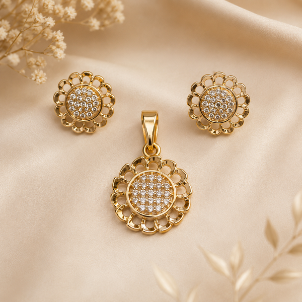 Rose Gold Floral Sparkle Pendant &  Earring Set