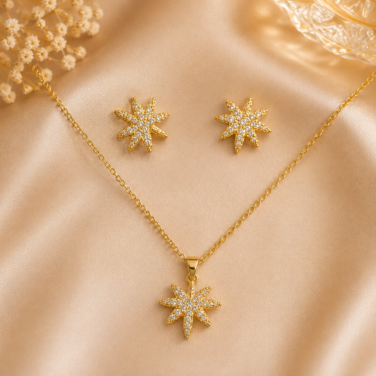 Gold Starburst Pendant Set  with Chain