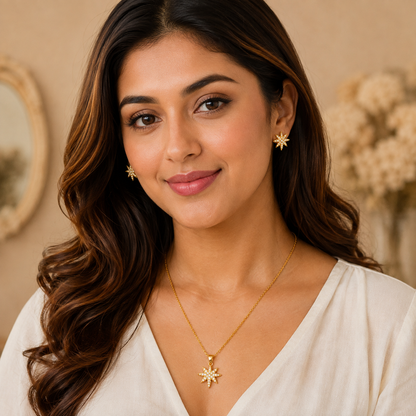 Gold Starburst Pendant Set  with Chain
