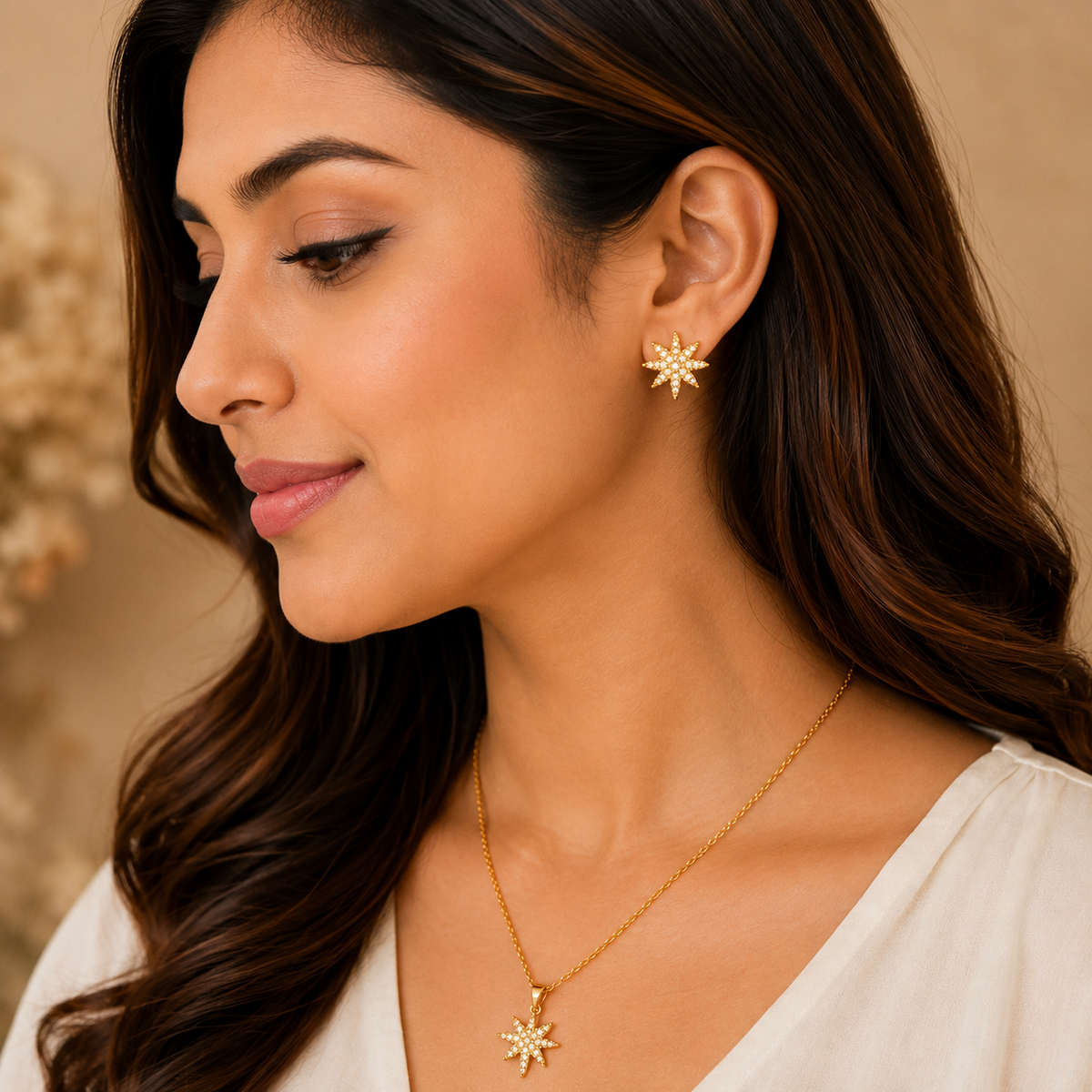 Gold Starburst Pendant Set  with Chain