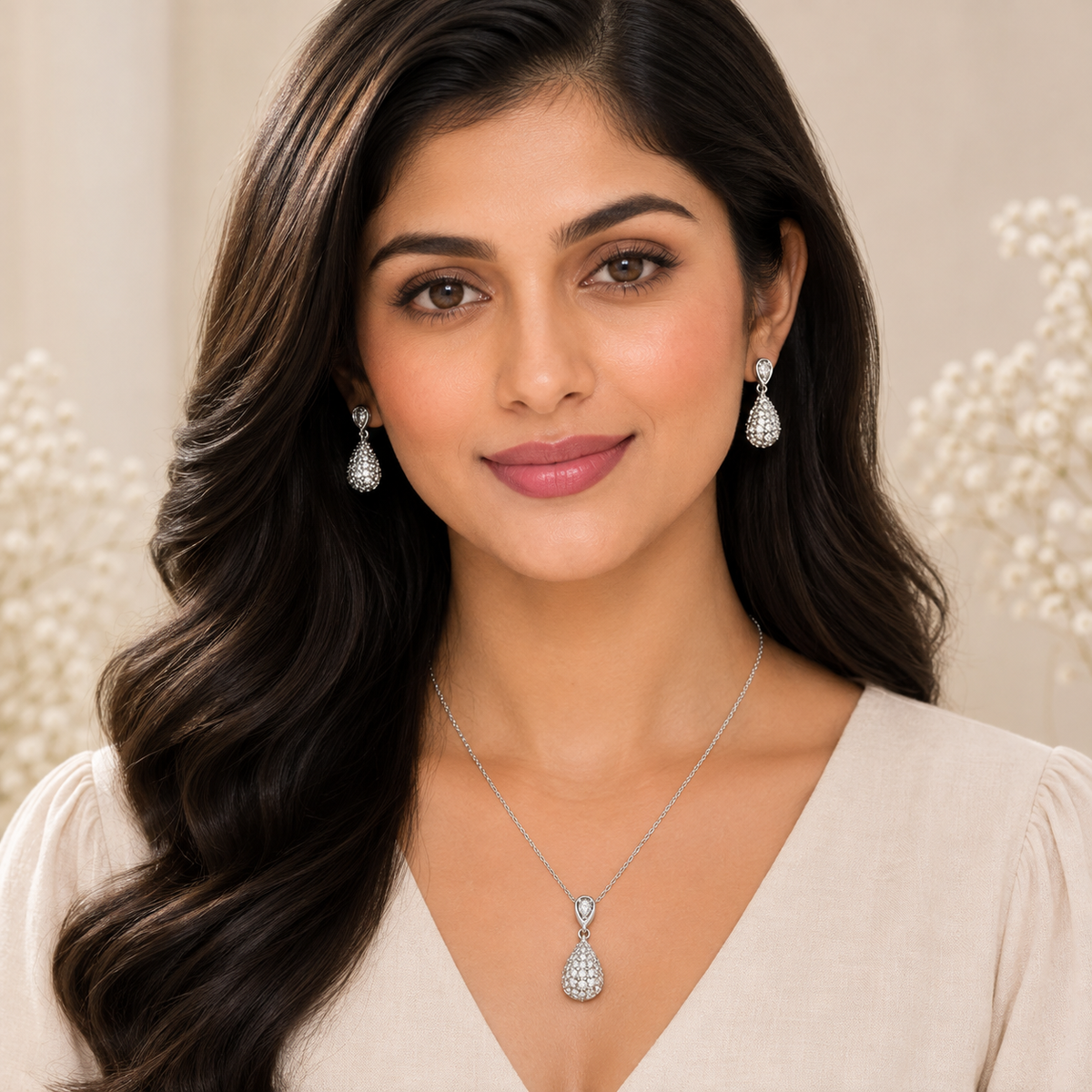 Silver Drop Pendant Set with Chain
