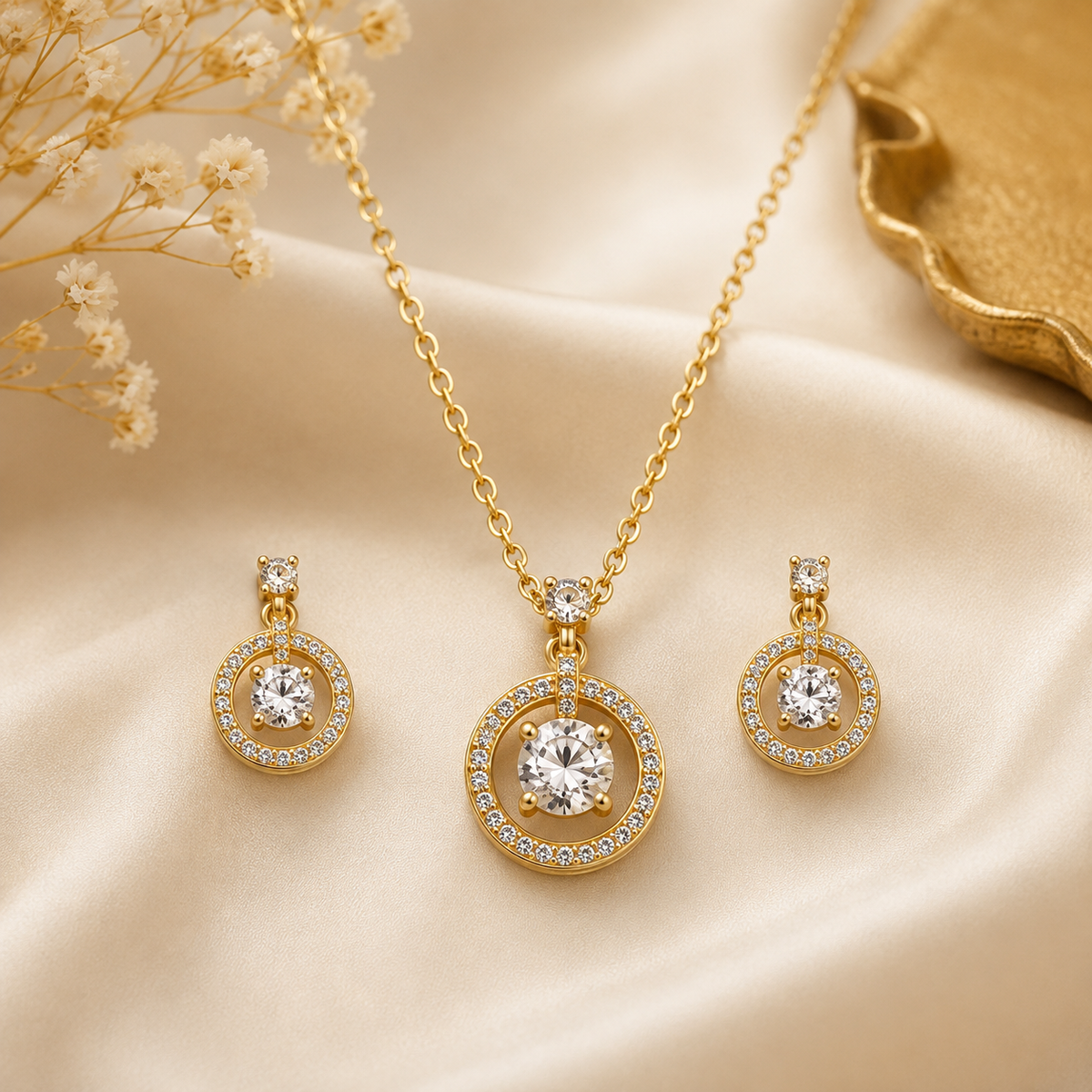 Gold Halo Pendant Set with Chain