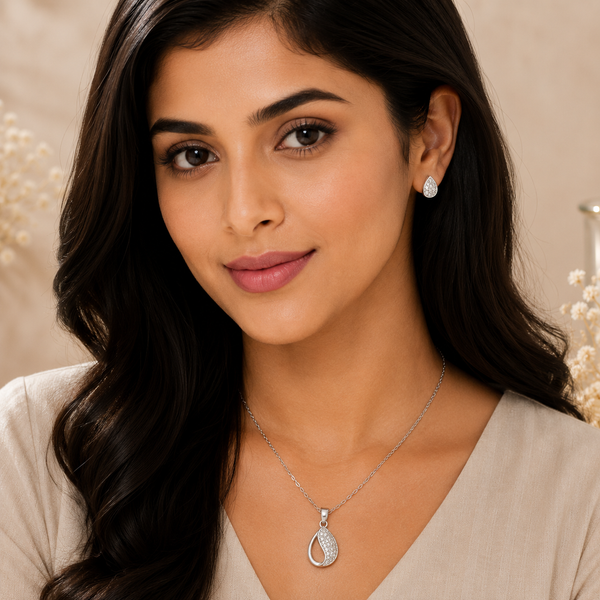 Silver Drop Pave Pendant Set with Chain