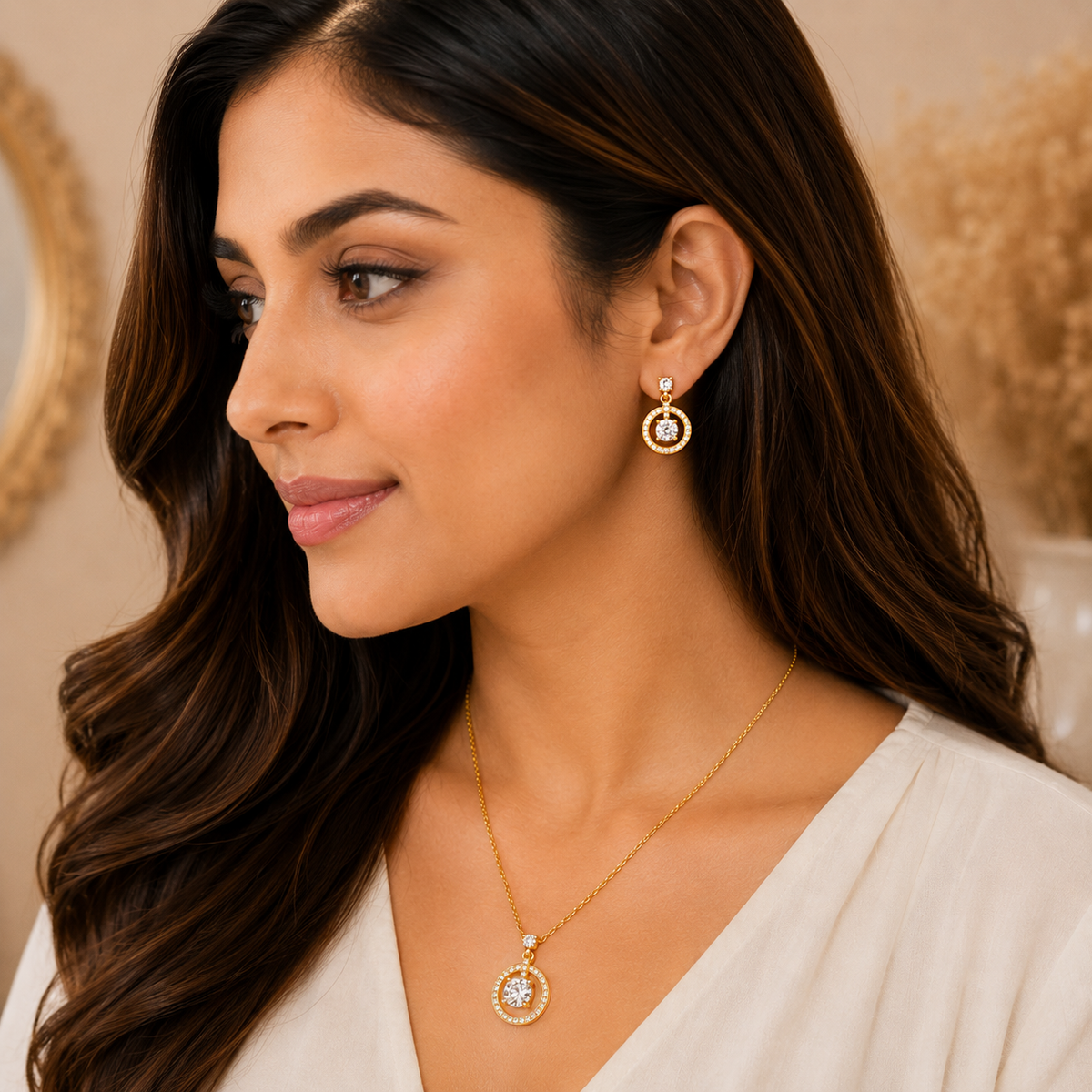 Gold Halo Pendant Set with Chain