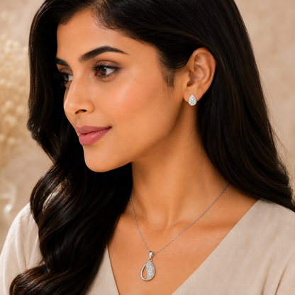 Silver Drop Pave Pendant Set with Chain