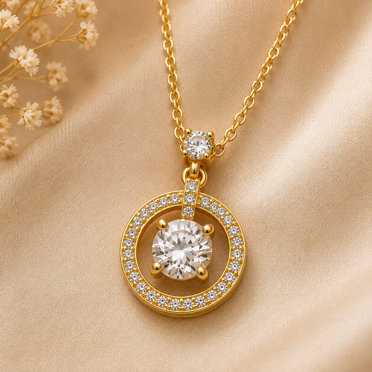 Gold Halo Pendant Set with Chain
