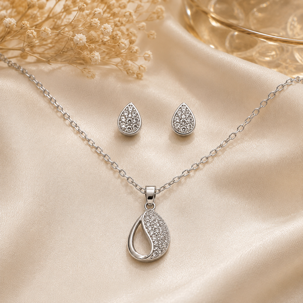 Silver Drop Pave Pendant Set with Chain