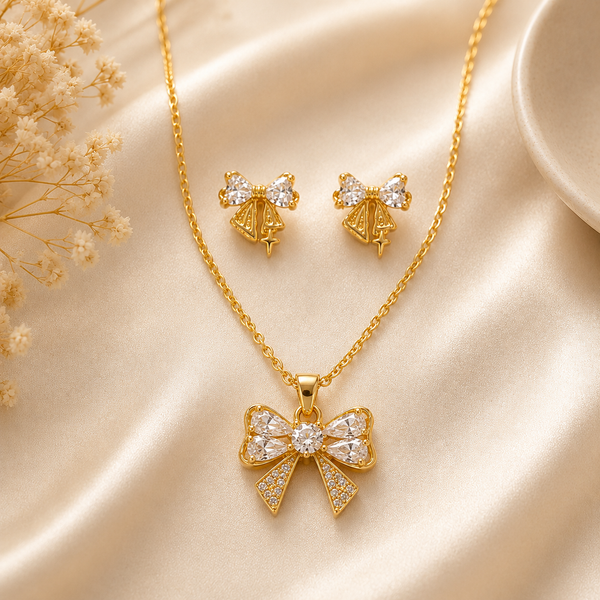 Gold Bow Pendant Set with Chain