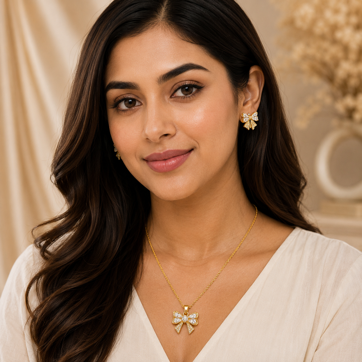 Gold Bow Pendant Set with Chain