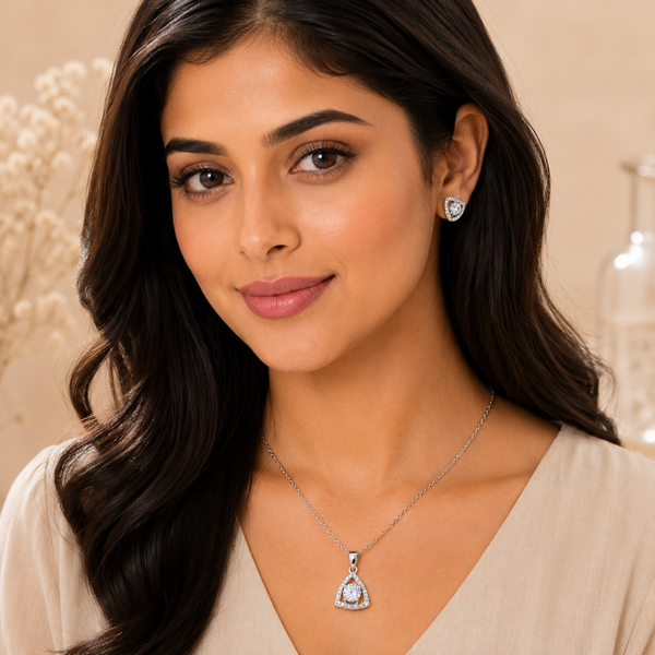 Silver Triangle Halo Pendant Set with Chain