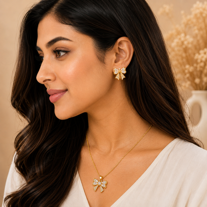 Gold Bow Pendant Set with Chain