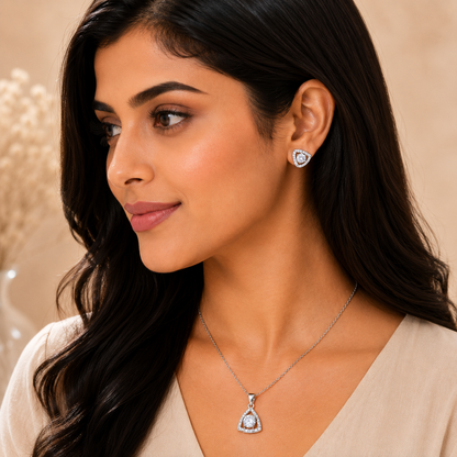 Silver Triangle Halo Pendant Set with Chain