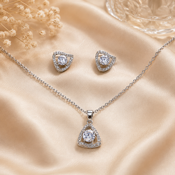 Silver Triangle Halo Pendant Set with Chain