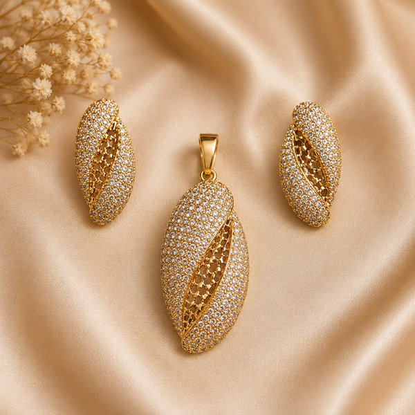 Rose Gold Leaf-Inspired Crystal Pendant & Earring Set