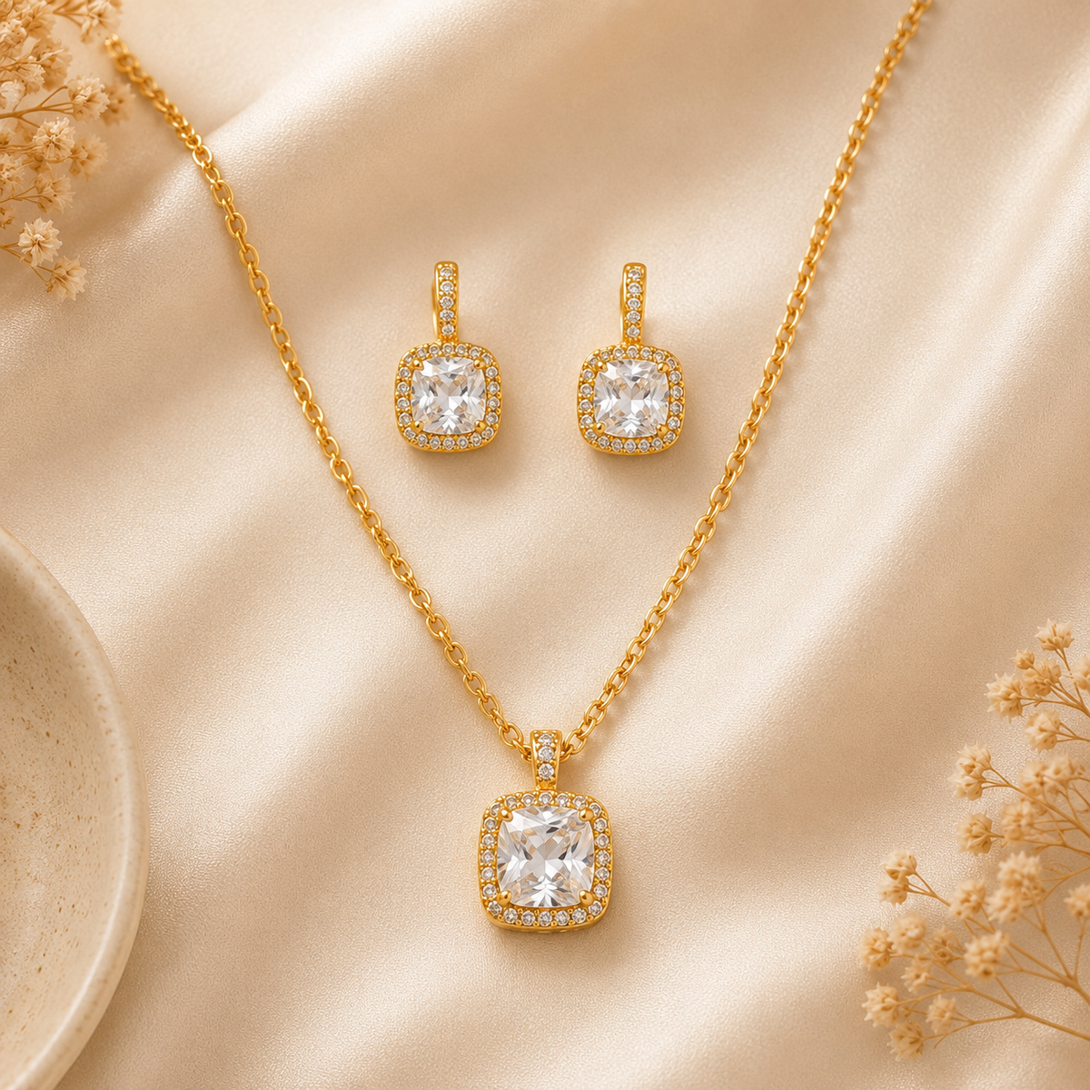 Gold Cushion Cut Pendant Set with Chain