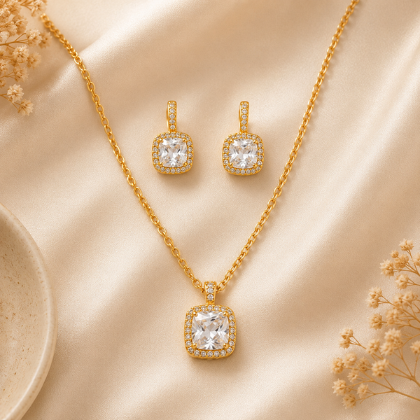 Gold Cushion Cut Pendant Set with Chain