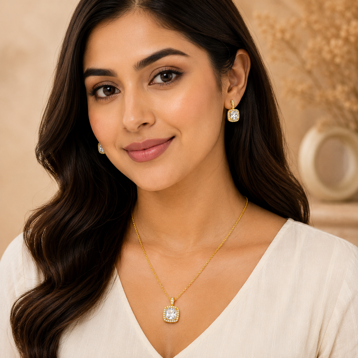 Gold Cushion Cut Pendant Set with Chain