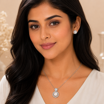Silver Pearl Halo Pendant Set with Chain