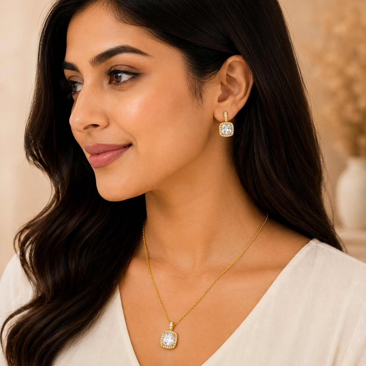 Gold Cushion Cut Pendant Set with Chain