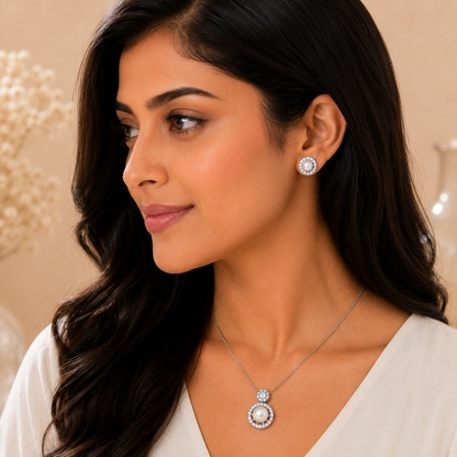 Silver Pearl Halo Pendant Set with Chain