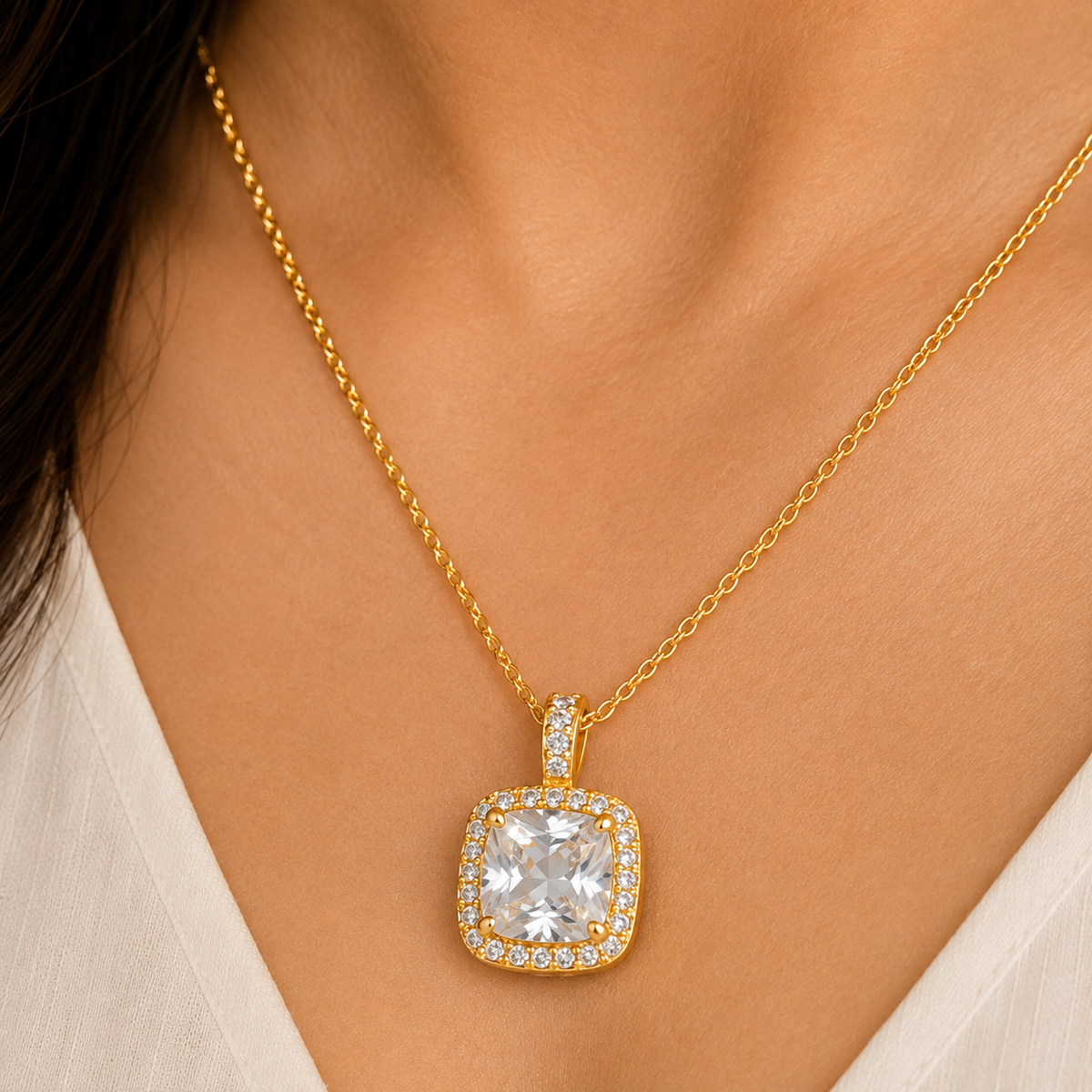 Gold Cushion Cut Pendant Set with Chain