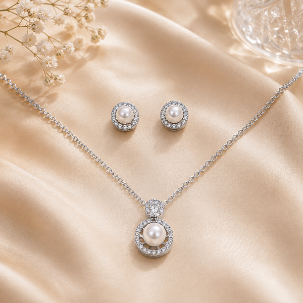 Silver Pearl Halo Pendant Set with Chain