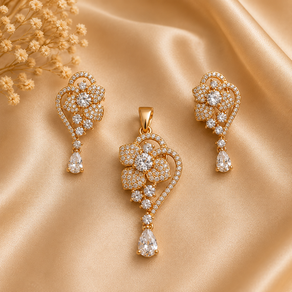 Rose Gold Floral Drop Pendant & Earring Set