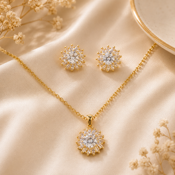 Gold Sunburst Pendant Set with Chain