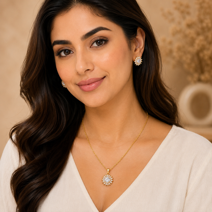 Gold Sunburst Pendant Set with Chain