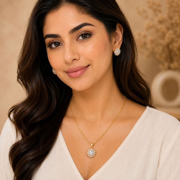 Gold Sunburst Pendant Set with Chain