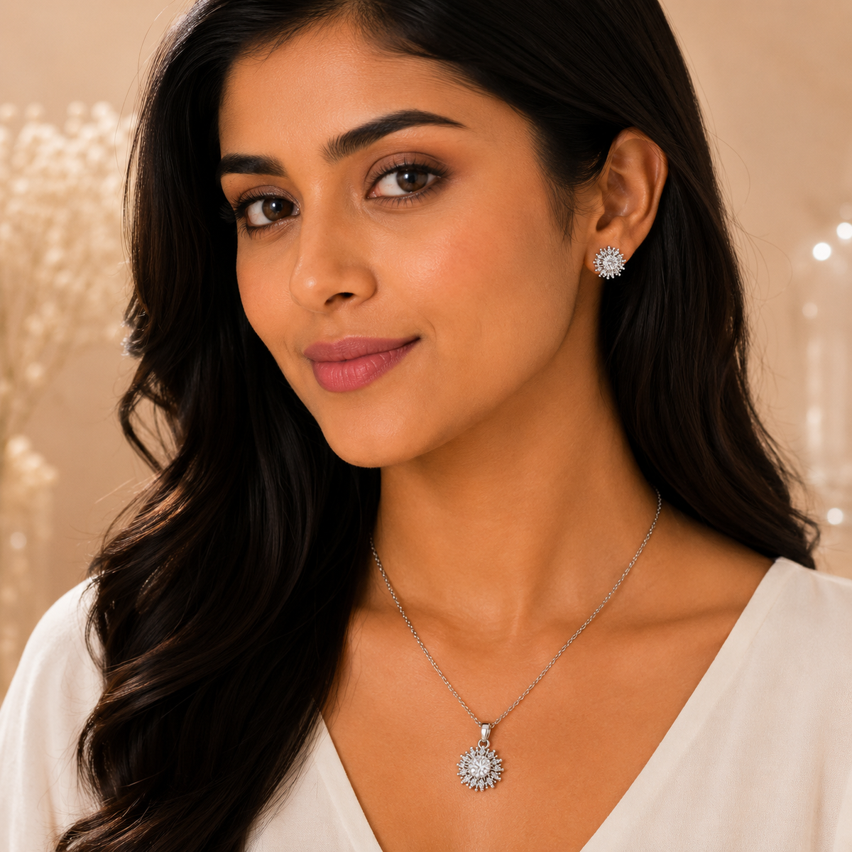 Silver Sunburst Pendant Set with Chain