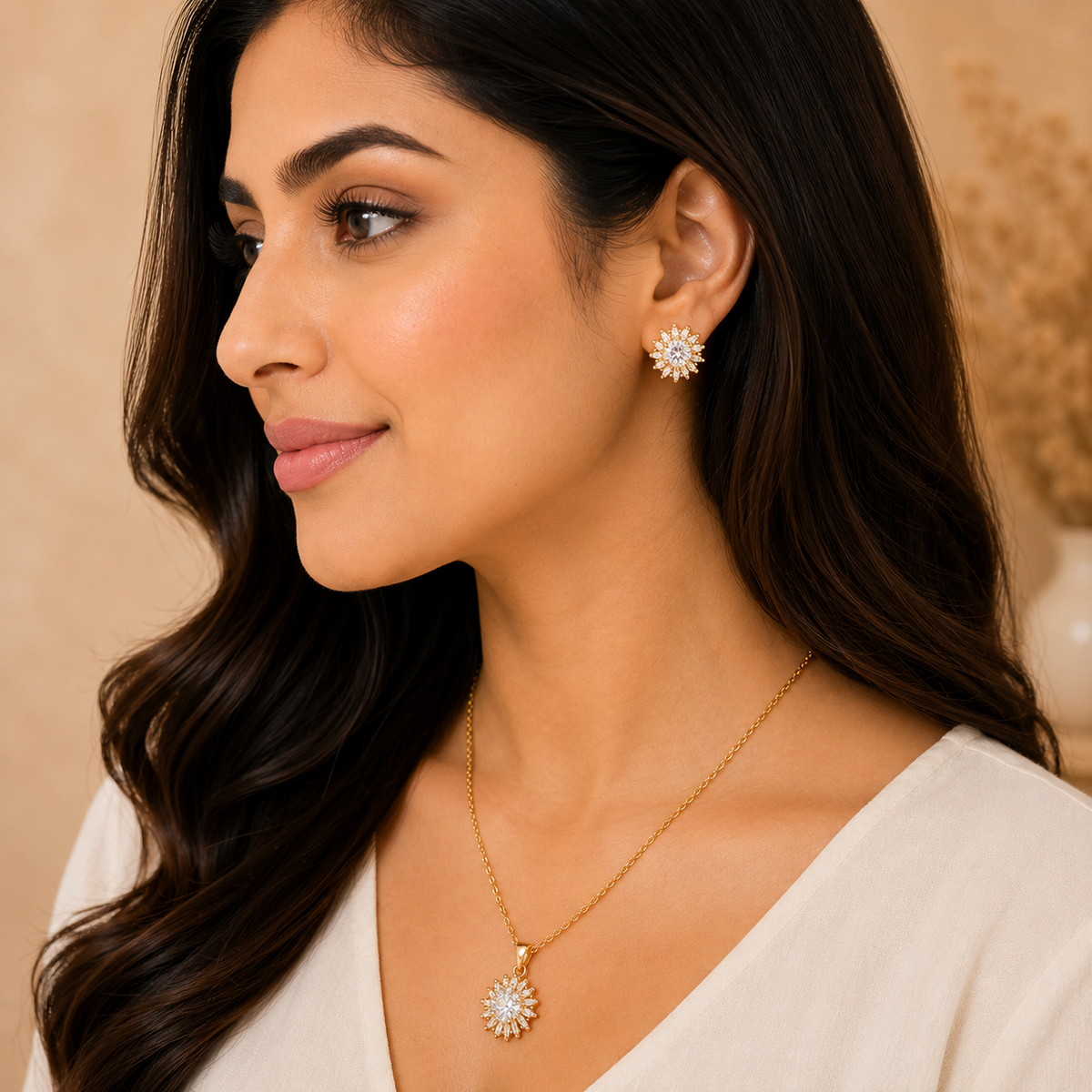 Gold Sunburst Pendant Set with Chain
