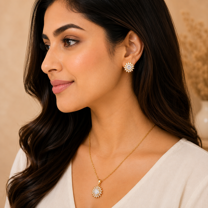 Gold Sunburst Pendant Set with Chain