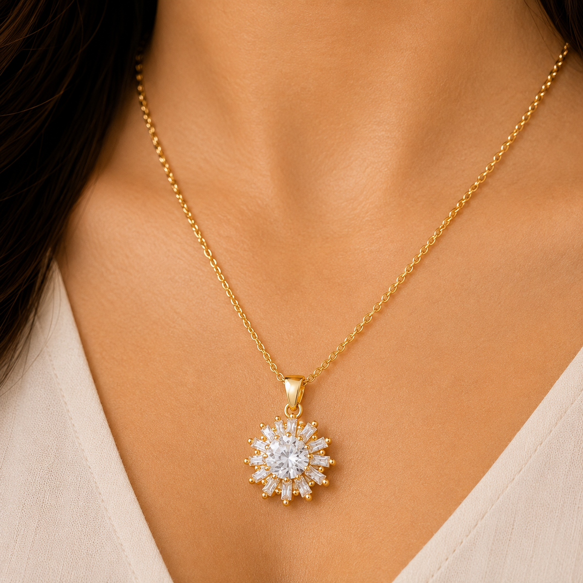 Gold Sunburst Pendant Set with Chain