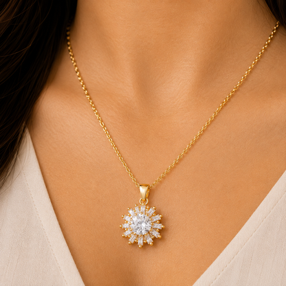 Gold Sunburst Pendant Set with Chain